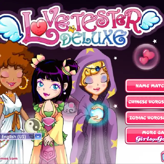 Three cartoon fortune hostesses beside pink buttons for name, Chinese and zodiac love tests