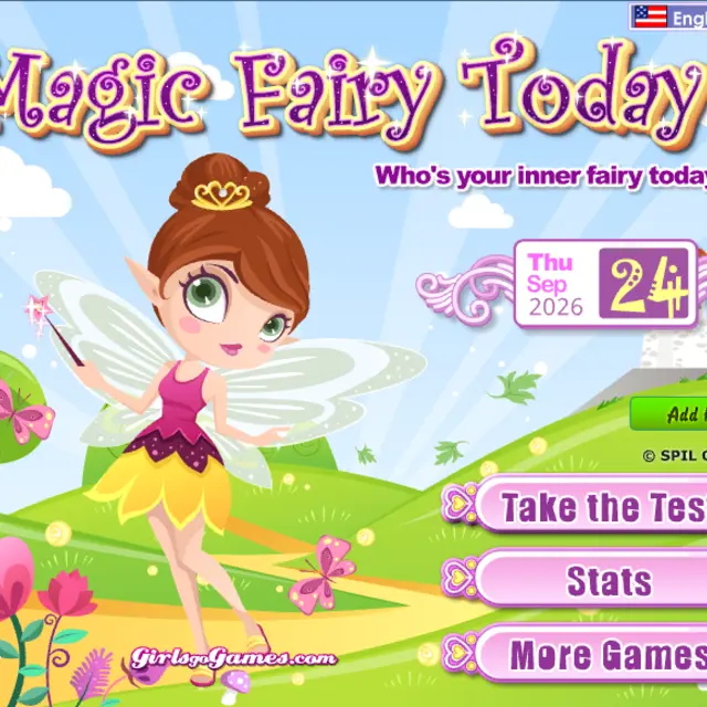 Fairy with a crown, green wings and a yellow petal skirt beside a date plaque