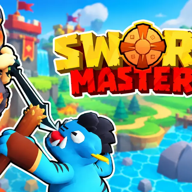 Cartoon swordsman in a colourful 3D village with pets and quest signs