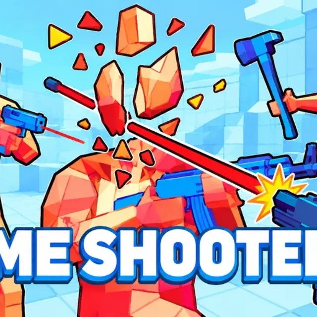 Orange polygon gunmen shattering into shards around the Time Shooter 2 logo