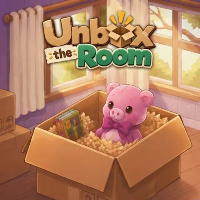 Pixel-art room half unpacked with cardboard boxes, a bed and shelves